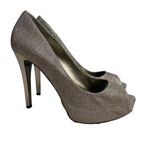 Guess Women's Gold Glitter Multi Fabric Peep Toe Pumps Sz 10M - Original Box - Picture 6 of 12